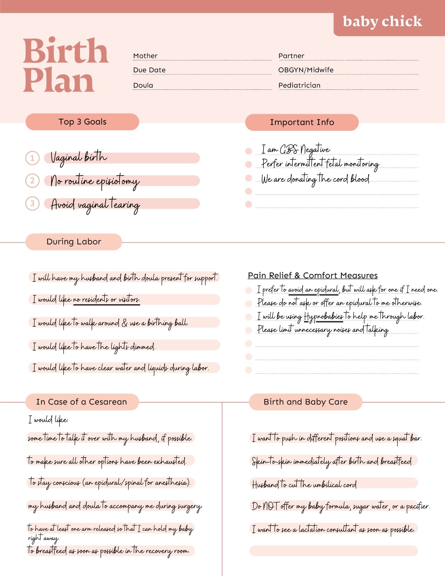 Birth plan example Unmedicated Birth #1