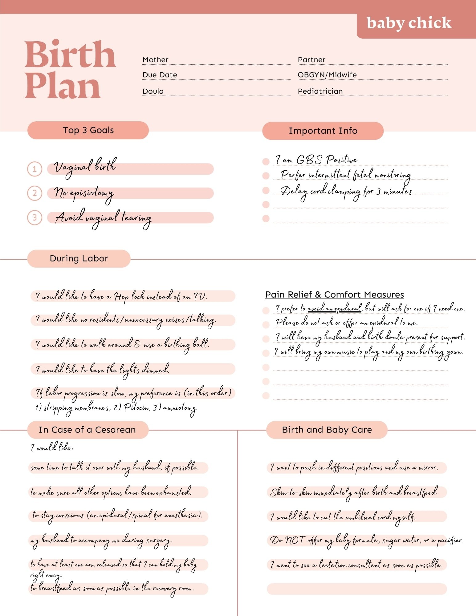 Birth Plan example Unmedicated Birth #3